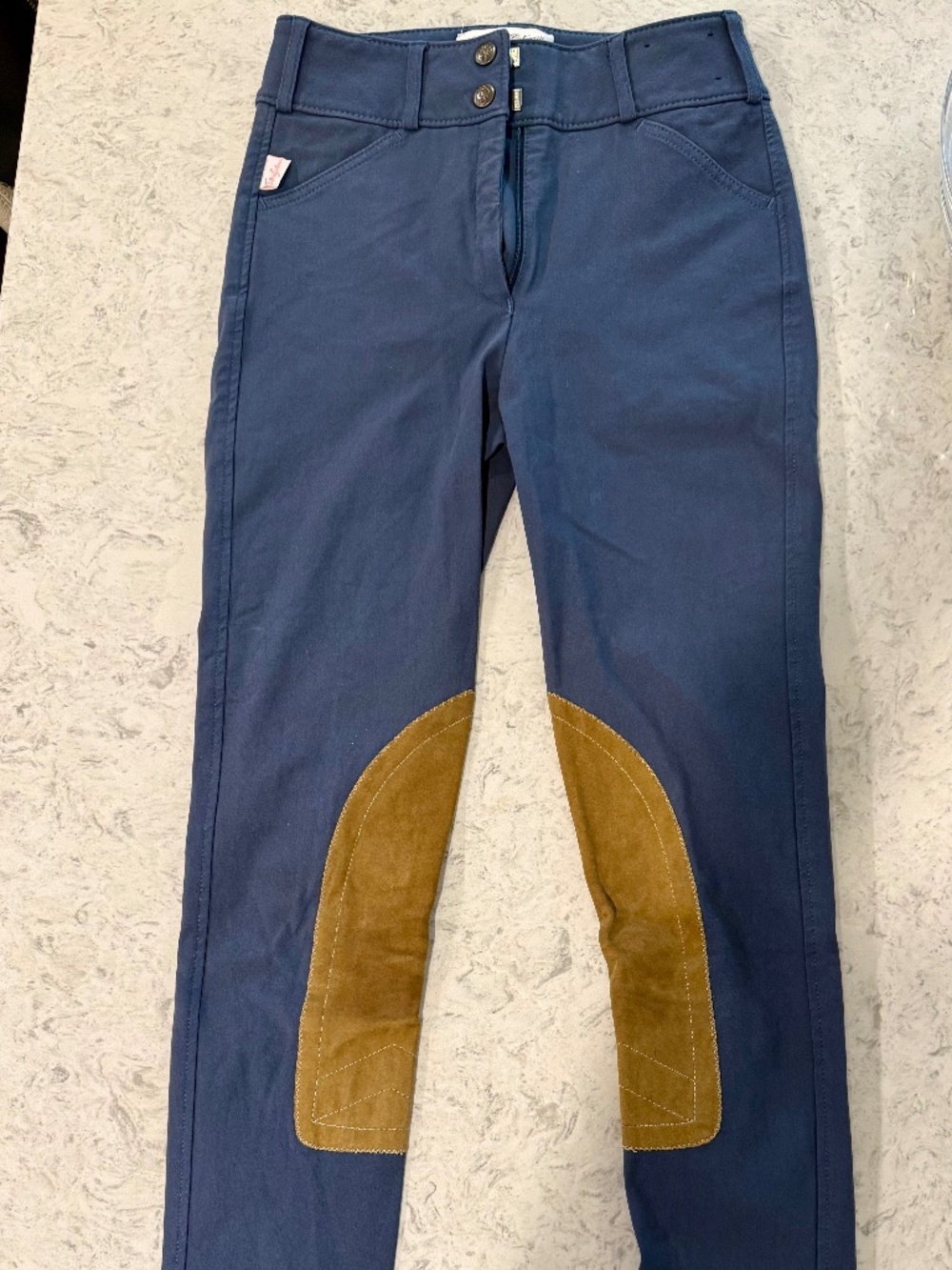 The Tailored Sportsman Navy Riding Breeches with Brown Knee Patches
